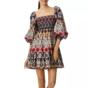 Alice and Olivia Julissa Smocked Mini Dress Size 2 Colorful Multiprint